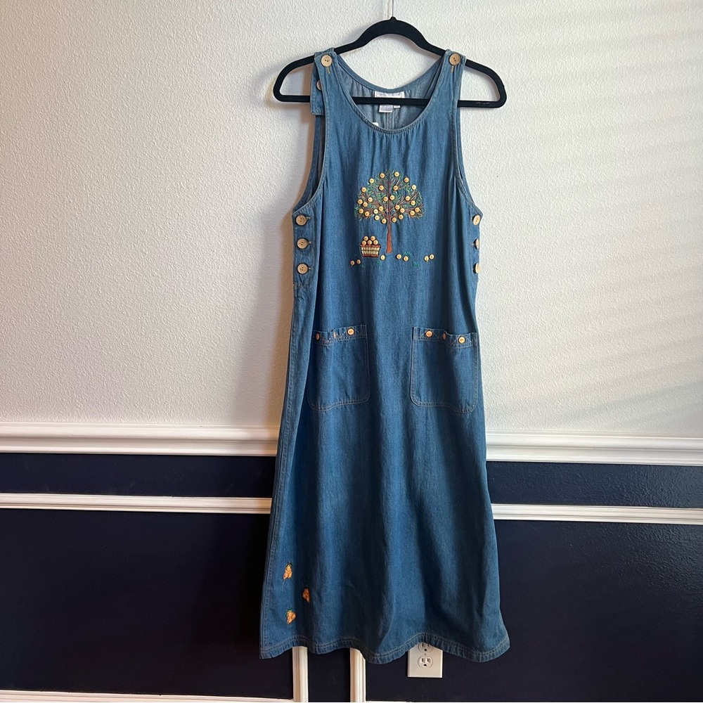 Casey Coleman Vintage Denim Style Pear Dress Cottagecore Button Embroidery